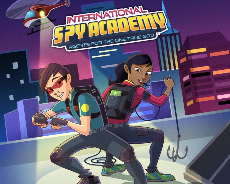 A laptop displaying the Spy Academy software interface with a spy-themed puzzle book being created in a minimalist home office.