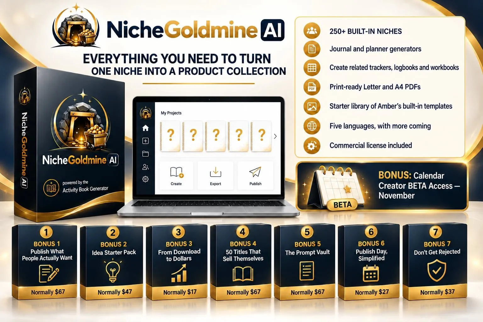 An organized digital workspace showing the Nichegoldmine AI document creation system interface.